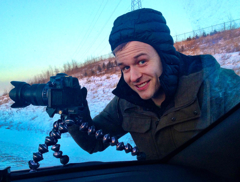 Here's a photo of me shooting some video on the hood of our rental SUV. The Panasonic GH4's handled the cold surprisingly well. I only had one incident where the camera literally froze up and the buttons stopped working. On the bright side it kept recording video and I didn't miss anything.