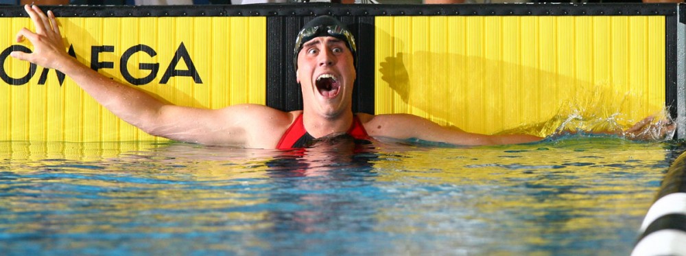 Team B.C.'s Adam Rahier reacts to winning gold in the Mens 200m individual medley multi-disability during  swimming finals at the 2007 Western Canada Summer Games.