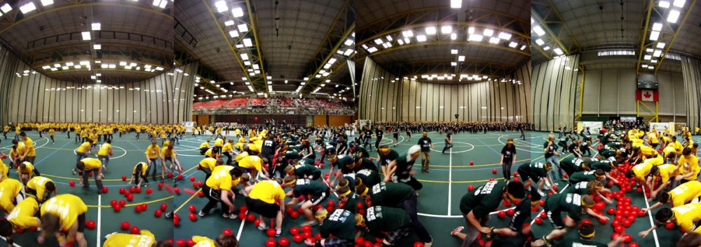 A still image from Journal photographer Ryan Jackson's 360-degree panoramic video. Experience immersive 360-degree video of the world's largest dodgeball game at the University of Alberta in Edmonton, Alta. on February 4, 2011. Over 2,000 U of A students, staff and faculty set a Guinness World Record for most players in a single dodgeball game with over 1,000 balls.  in Edmonton on February 4, 2011.