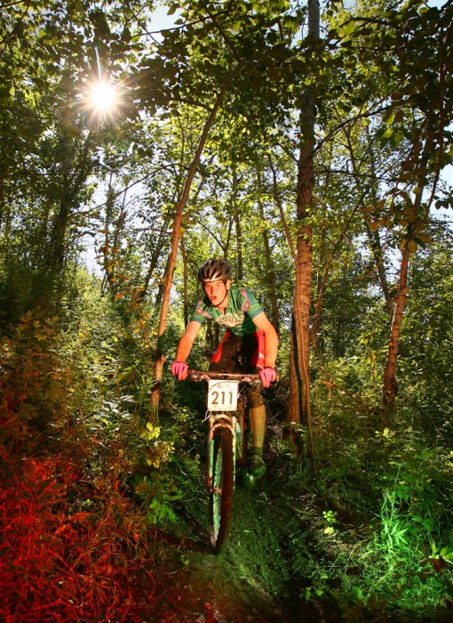 Team B.C.'s Philip Cairns flies down a steep portion of the trail during the mountain bike race for the 2007 Western Canada Summer Games.