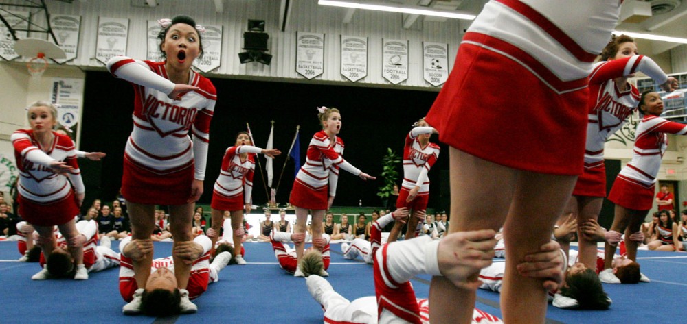 The Victoria high school co-ed cheer team competes during the Edmonton Zone High School 2008 cheerleading championships at Austin O'Brien High School.